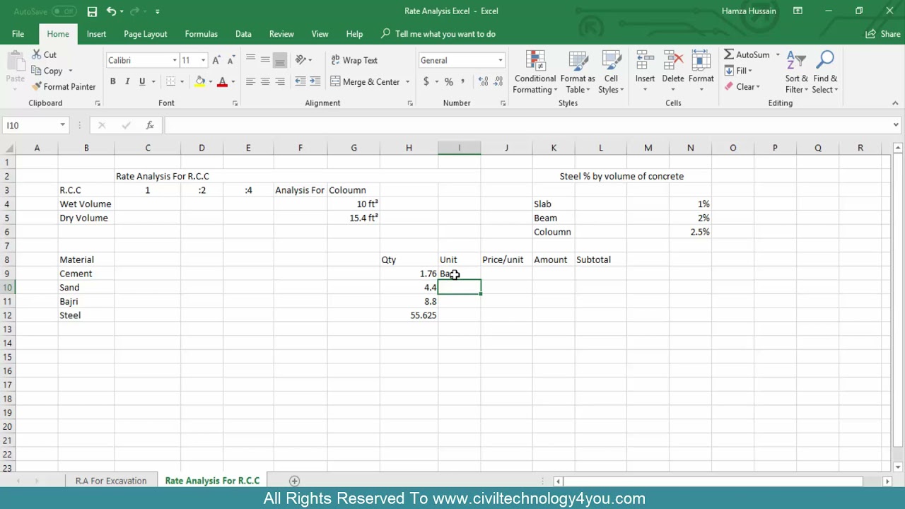 Building Quantity Through Excel VIDEO 72 RCC Rate Analysis Part 2.
