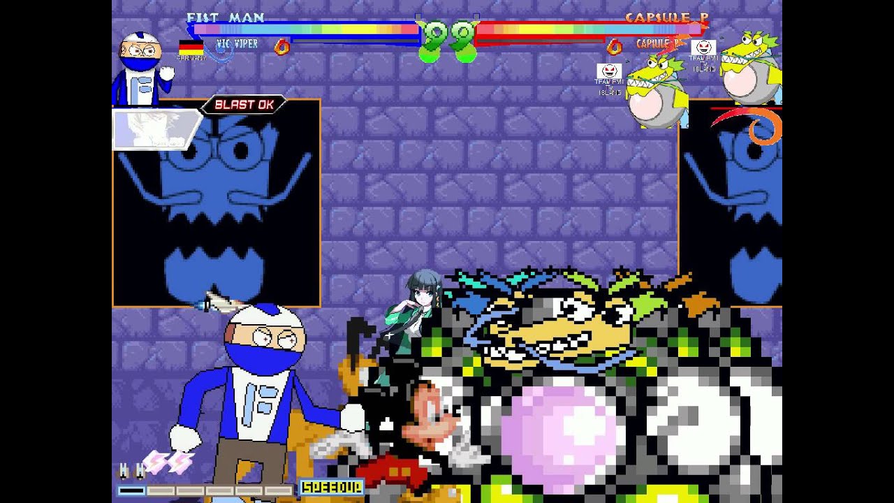 Fist Man, Vic Viper, Mickey Mouse and Miyuki Shiba in Team Faust Games Arena Fighters Mugen 4v4