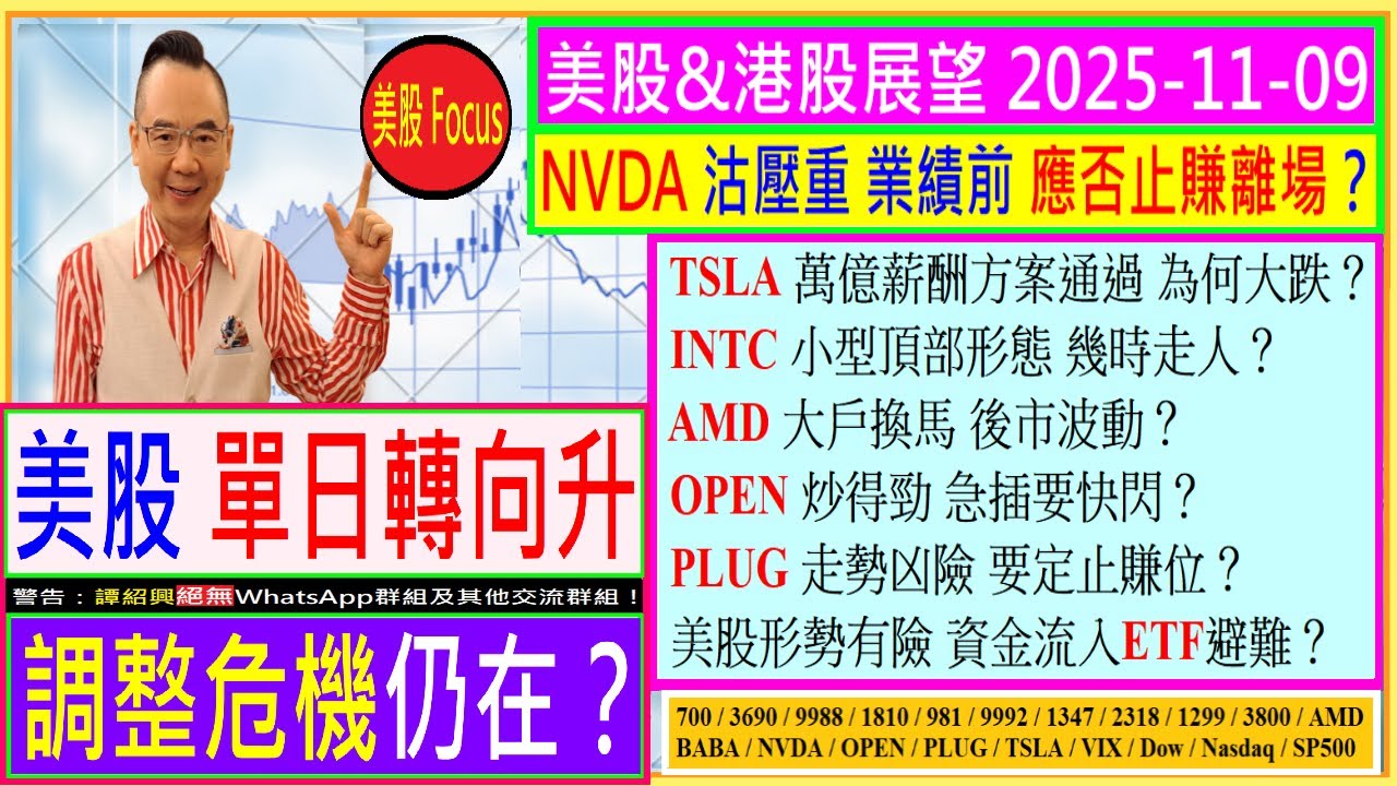 美股單日轉向升 調整危機仍在？😅/NVDA業績前 應否止賺🤔/TSLA萬億薪酬方案通過 為何大跌🤣/INTC頂部形態  幾時走人🧐/AMD大戶換馬？😨/OPEN PLUG走勢凶險🤑/2025-11-09