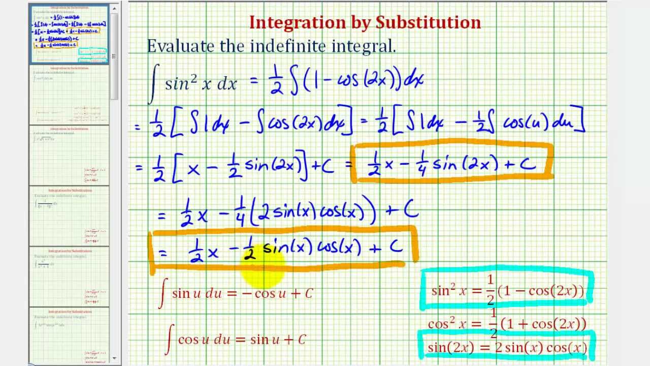Indefinite Integral Sin X 2 Power Reducing Substitution Youtube