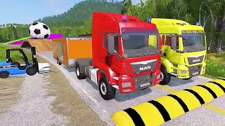 Double Flatbed Trailer Truck vs Speedbumps Train vs Cars Beamng.Drive #160 carry Nissan  , XC40