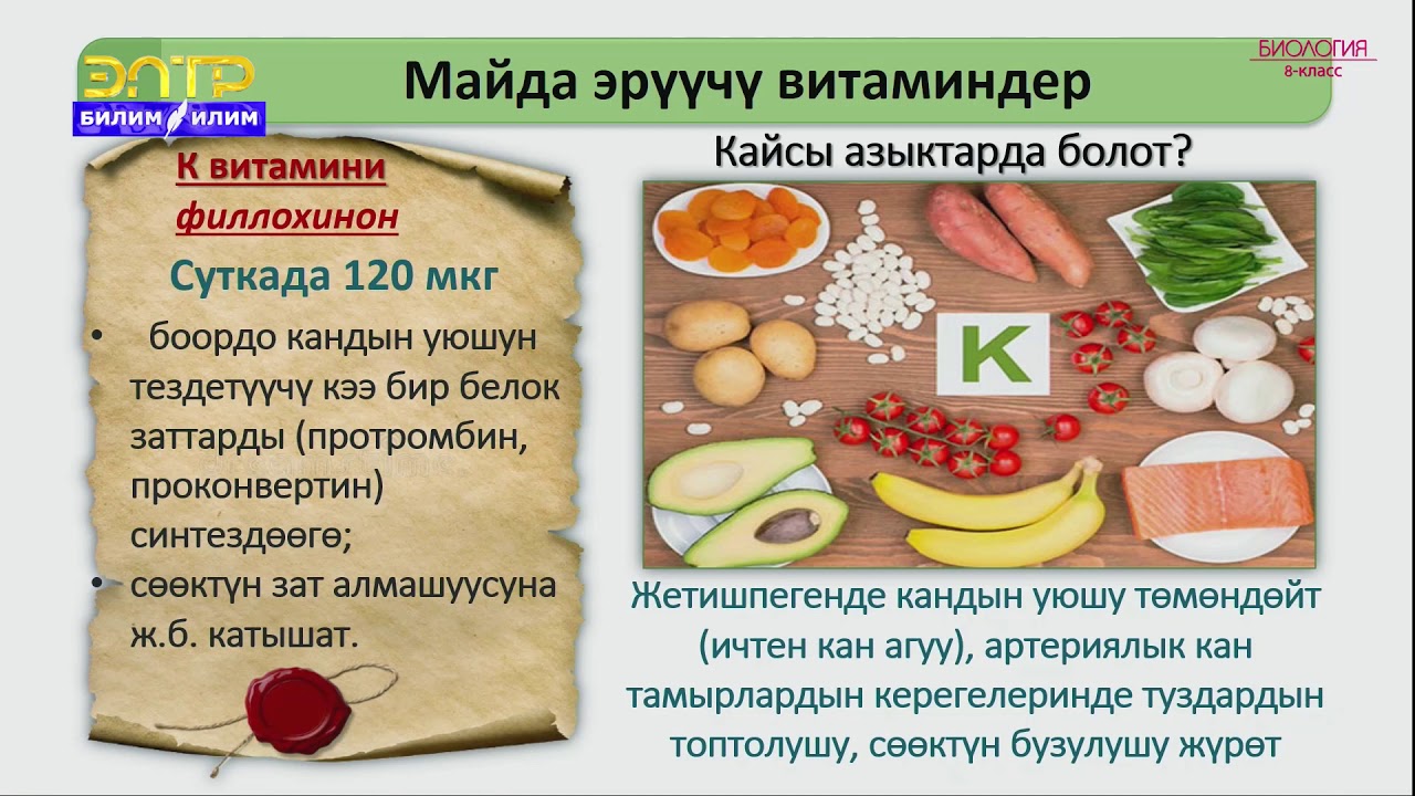 8-класс | Биология | Витаминдер жана алардын зат алмашуудагы мааниси