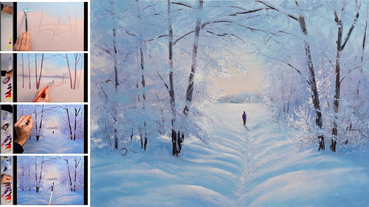 ❄️ Зимний пейзаж ❄️ Мастер-класс. Рисование акрилом. Цветовая палитра. Искусство.