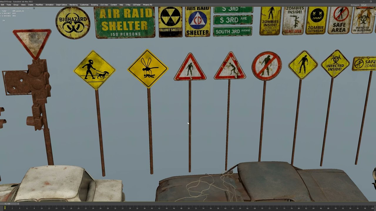 Post Apocalyptic Survival Urban City Props and Road Signs Pack  - 3dsmax