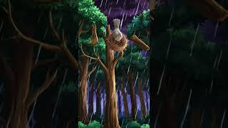 Strong storm in a forest, trees shaking, pigeon nest falling from tree,