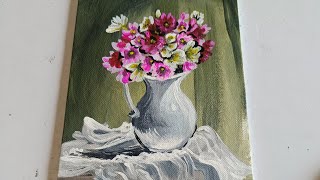 How to paint a beautiful vase with white and pink flowers acrylic painting 