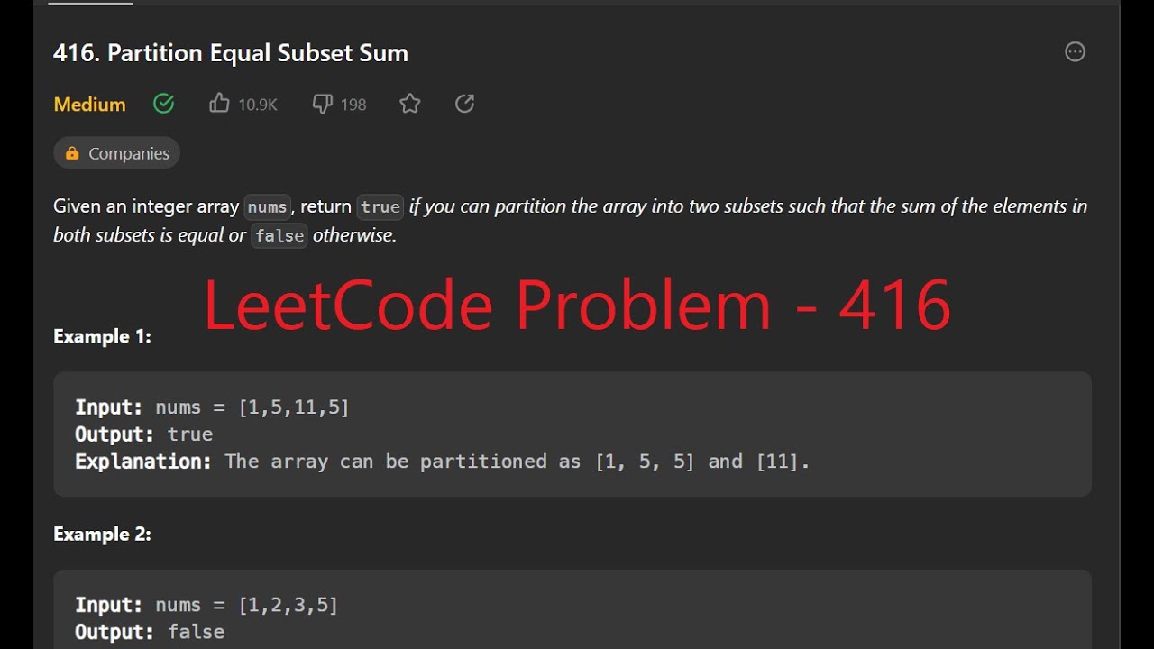 Partition Equal Subset Sum LeetCode Problem 416 - YouTube