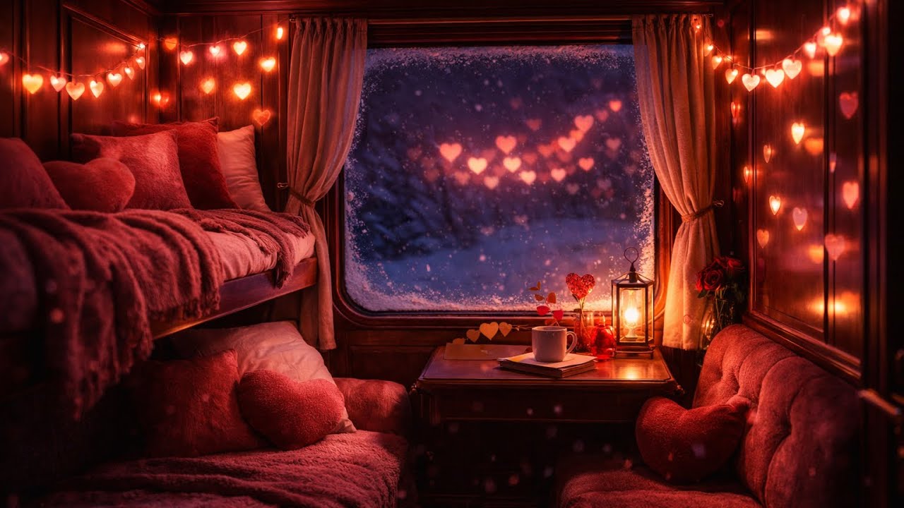 Valentine Night Train Ambience 💖❄️ Snowfall & Gentle Train Sounds | Cozy 4 Hours
