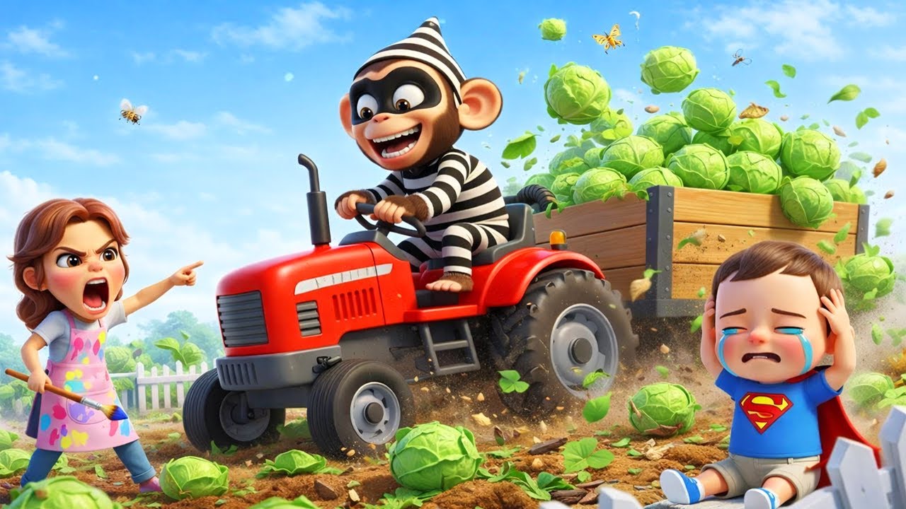 Нарисуй красный трактор | Обезьяна-разбойник крадет капусту | Детские игры с транспортными средст...