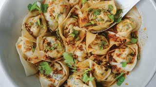 Homemade tofu & chive wontons in chili broth 🌶 (vegan)