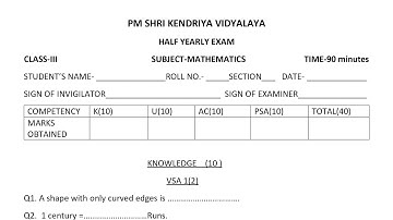 Class-3 Maths / Half Yearly Exam 2025-2026 Question Paper Term-1 For KENDRIYA VIDYALAYA Students 
