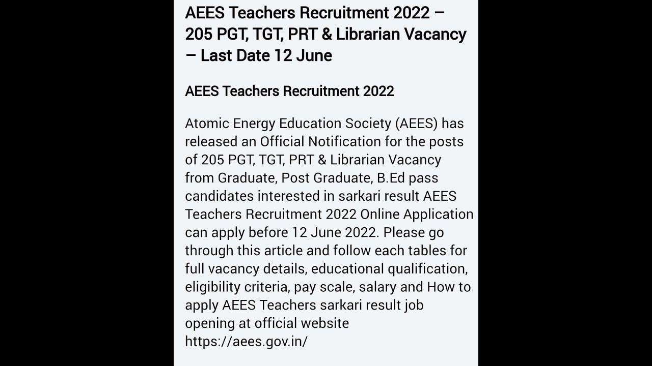 Atomic Energy Education Society Recruitment | Vacancy 205, PGT, TGT, PRT & Librarian posts released