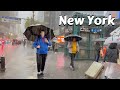 Heavy rain walk new york  thunderstorm umbrella rain asmr and traffic city sounds of ny