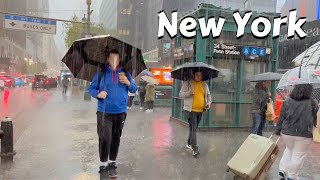 Heavy Rain Walk New York  Thunderstorm Umbrella Rain Asmr And Traffic City Sounds Of Ny