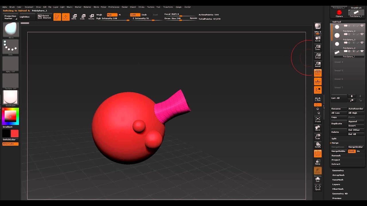 how do i delete parts of subtools in zbrush