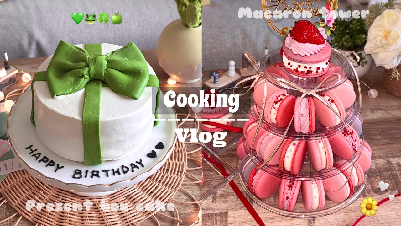 【Cooking Vlog】誕生日スイーツを作る🧑‍🍳新卒エンジニアの製菓記録｜マカロンタワー💝🗼｜リボンケーキ🎁💚｜ #お菓子作り#大量生産