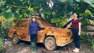 The genius girl successfully repaired the dilapidated, abandoned car.