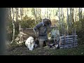 Solo Bushcraft Shelter Build & Camping in the Cold - Beaver Meat, Bough & Wool Bed, Traditional Gear