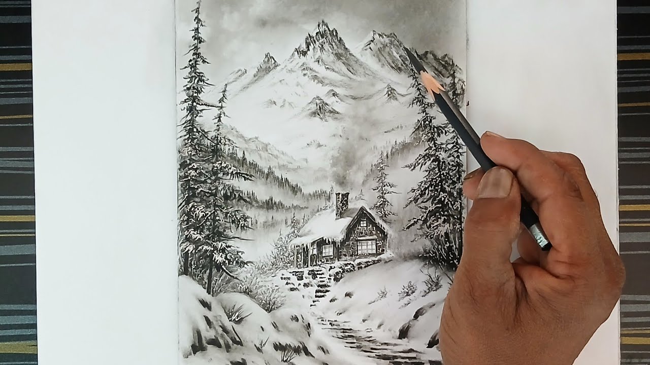 Winter season snowy house, mountains, trees landscape drawing.