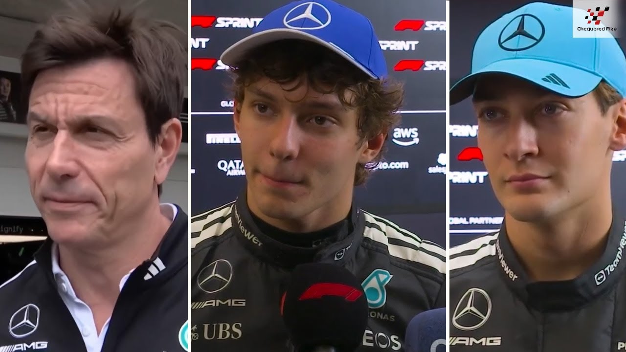 Интервью Кими Антонелли, Джорджа Рассела и Тото Вольфа после спринта | Гран-при Сан-Паулу, Бразил...