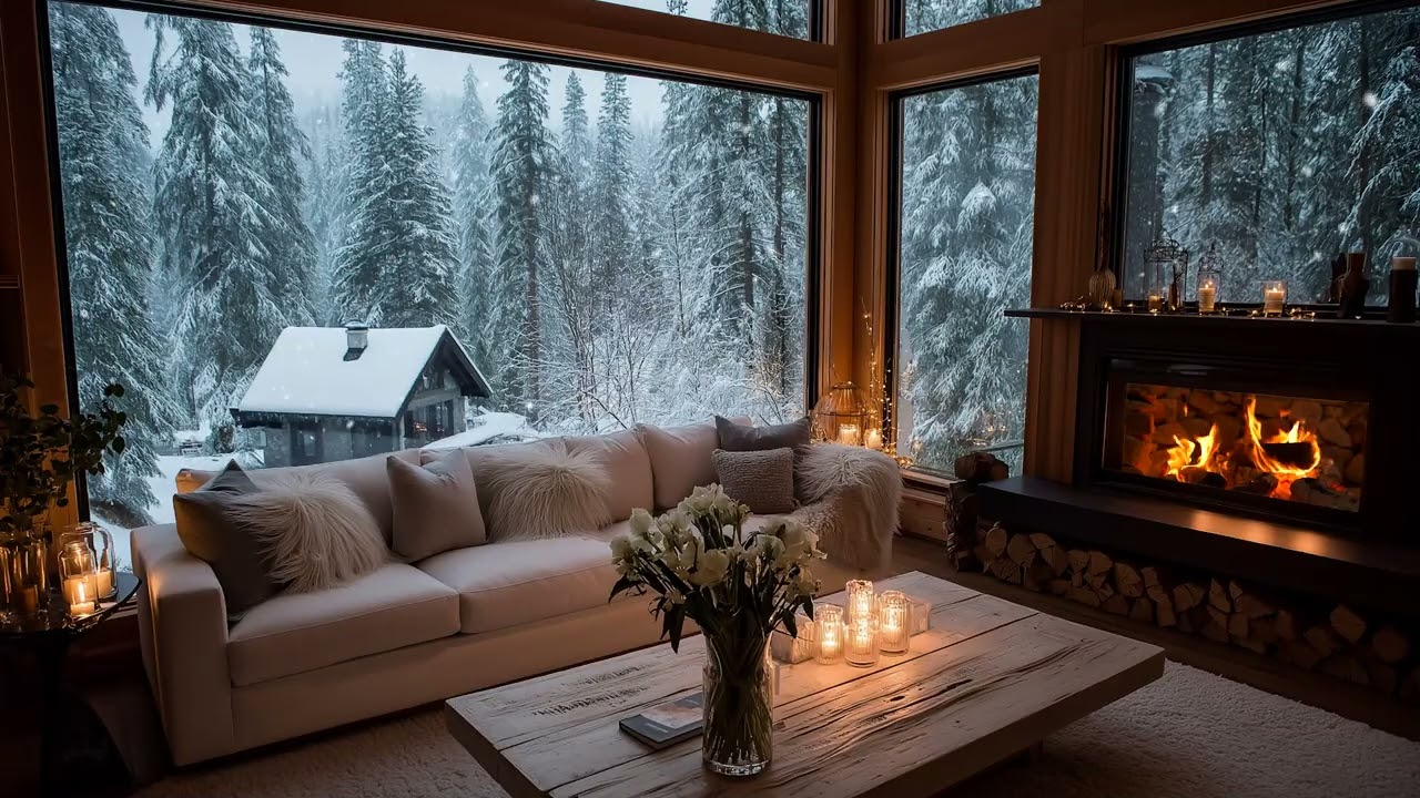 Gentle Piano Music with Fireplace Warmth and Snowy Evening Outside a Winter Cabin
