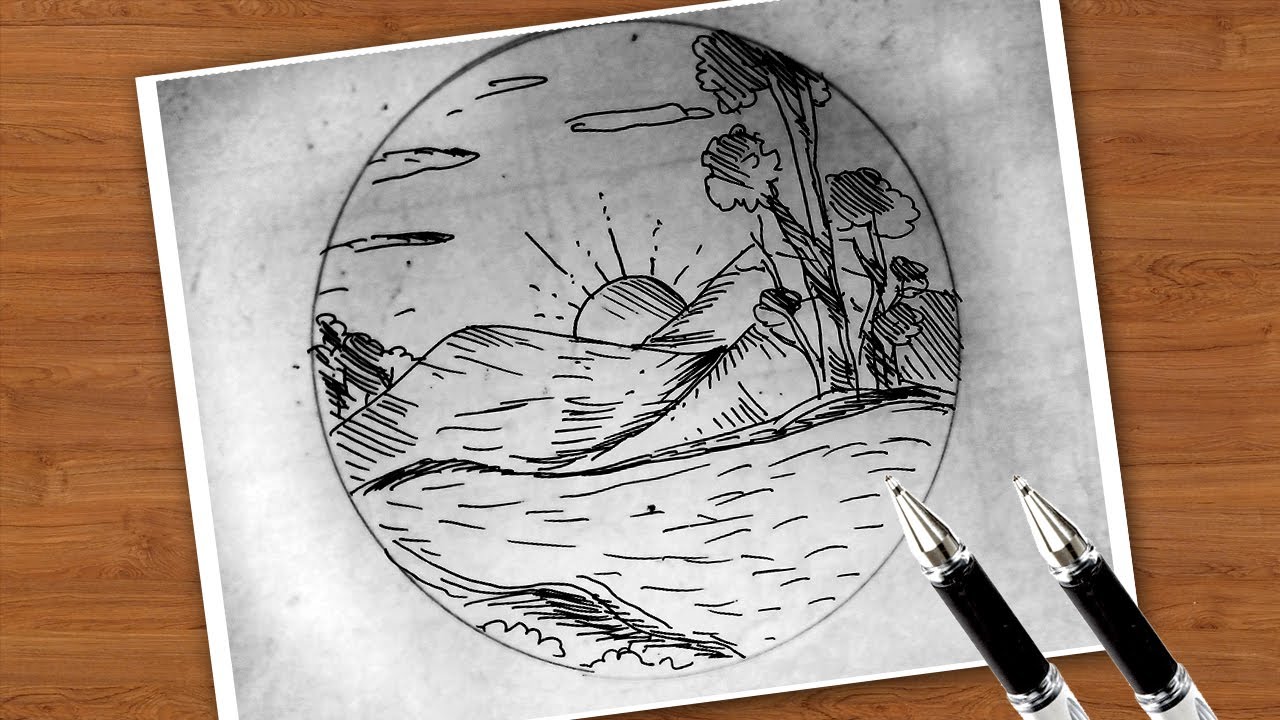 Easy Draw Sun rise Scenery with Black Pen Online Drawing Class YouTube