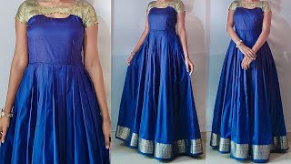 Convert Saree into Long Gown | Keyhole neck design long dress cutting & stitching | boatneck design