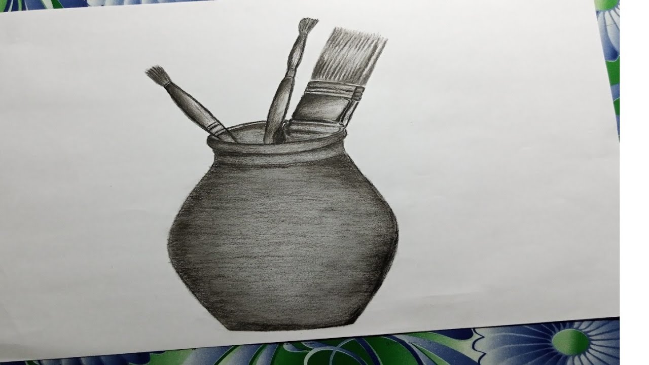 brush pot drawing with pencil shading, brush pot drawing