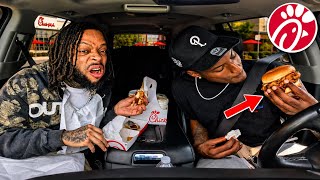 PUTTING TERIYAKI SAUCE ON AMAR CHICKEN & WAFFLE SANDWICH TO GET HIS REACTION!