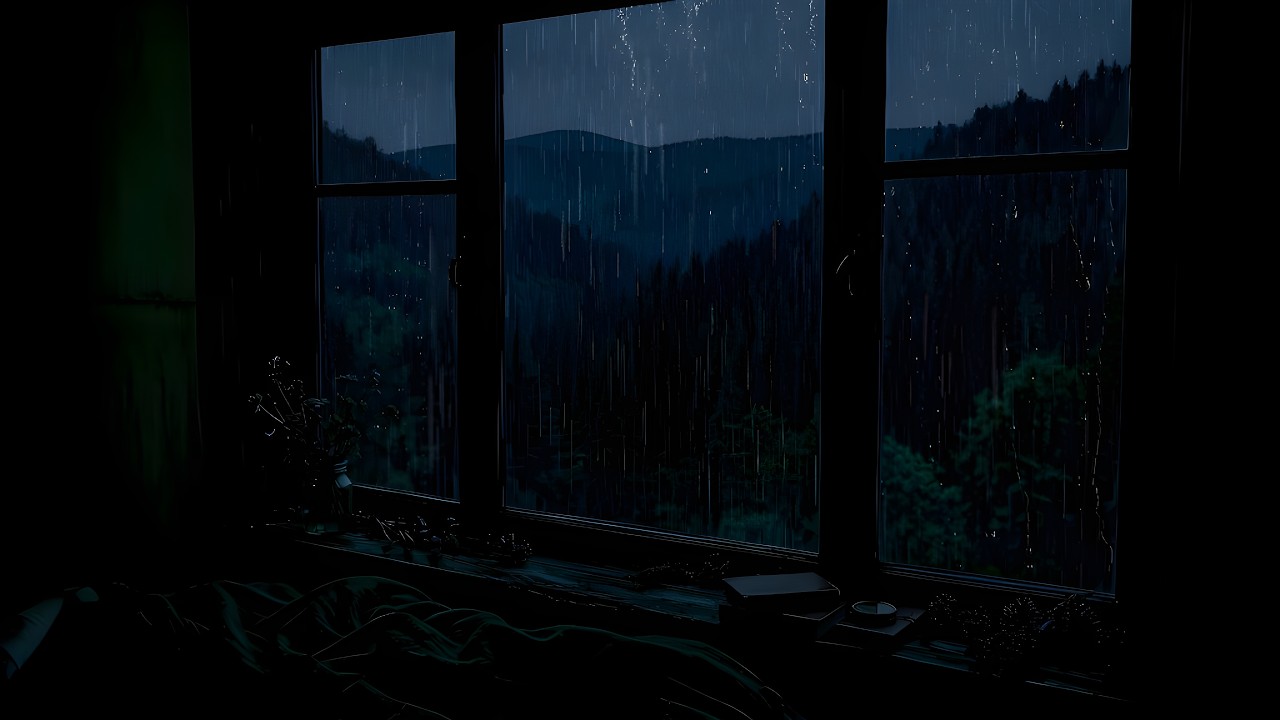 Rain on Window 🌧️ | Enjoy a Sleepy Night in Bedroom Overlooking Pine Forest I Cold Rainstorm Forest