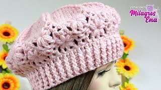 Como tejer la Boina N° 35 a crochet o ganchillo para niñas y mujer en punto flores jazmín