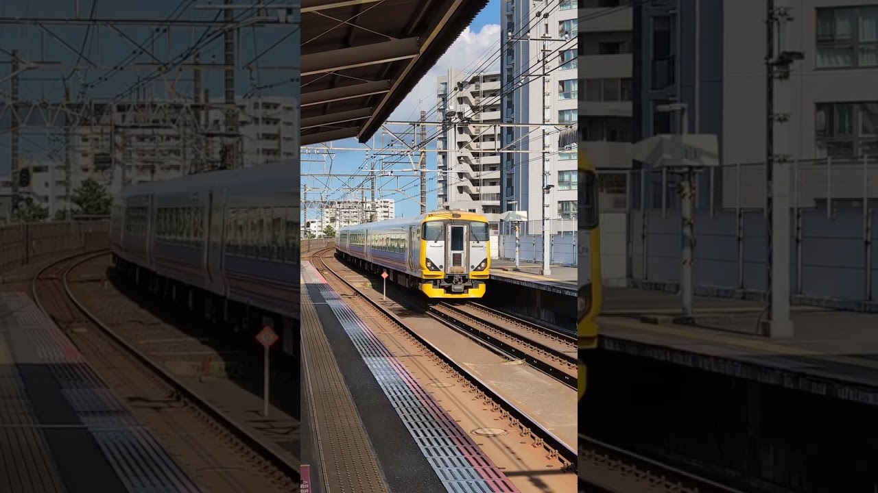 JR East E257-500 Express train passes Inage-kaigan station, Keiyo Line