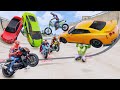 Spiderman Motorcycles with Superheroes - Falling Cars Challenge - Stunt Parkour