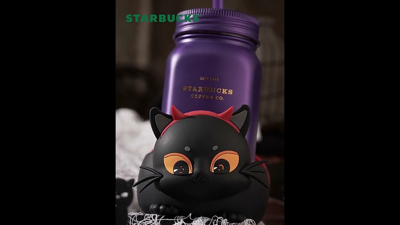 Purple Stainless steel Mason Cup with Black Cat Coaster (Starbucks China Halloween 2021 Edition)
