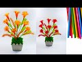 cara mudah membuat bunga terompet dari sedotan | flower from straw