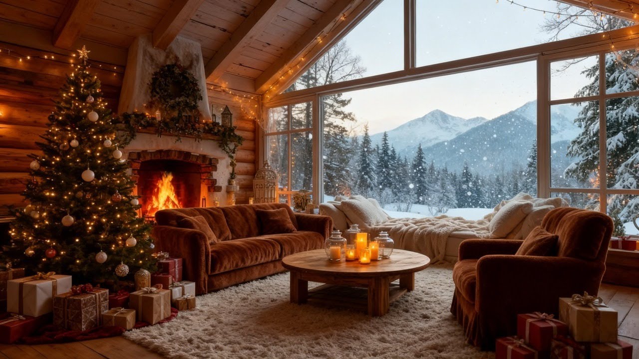 Cozy Christmas Cabin Fireplace ❄️ Winter Mountain View Ambience for Sleep & Relaxation