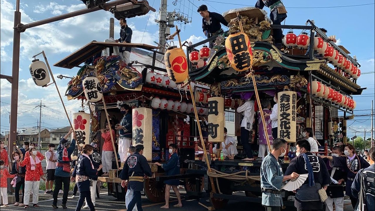 真岡の夏祭り荒神祭　泉町　市若　旭町東光寺　寿町　桜町　田町　台町花　並木町　䑓町彫刻　屋台．山車紹介