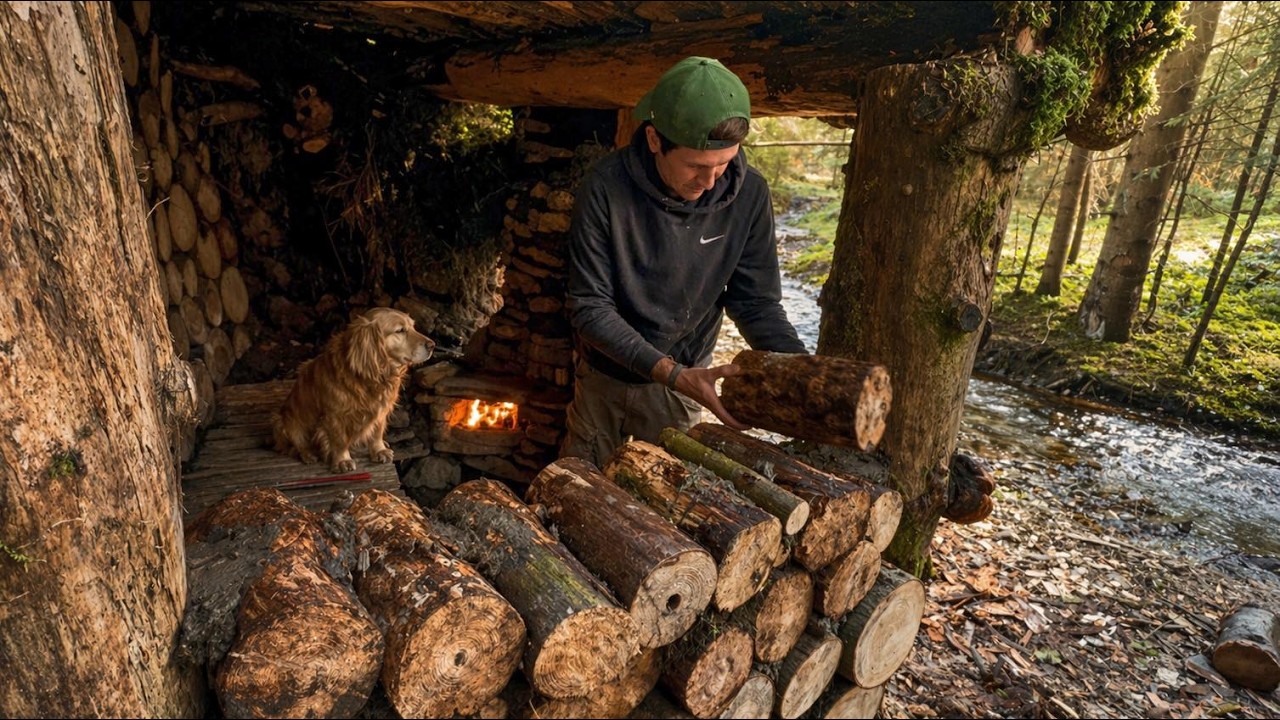 Building a Bushcraft Log Cabin with a Stone Stove | 4 Days Alone in the ...