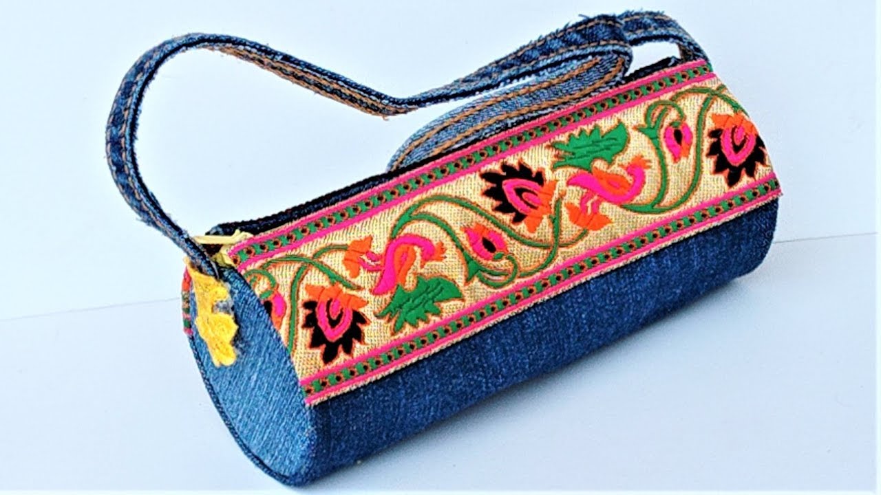 How To Make Round Bag From Old Jeans | Old Cloth Reuse Ideas | DIY Jeans Hand Bag