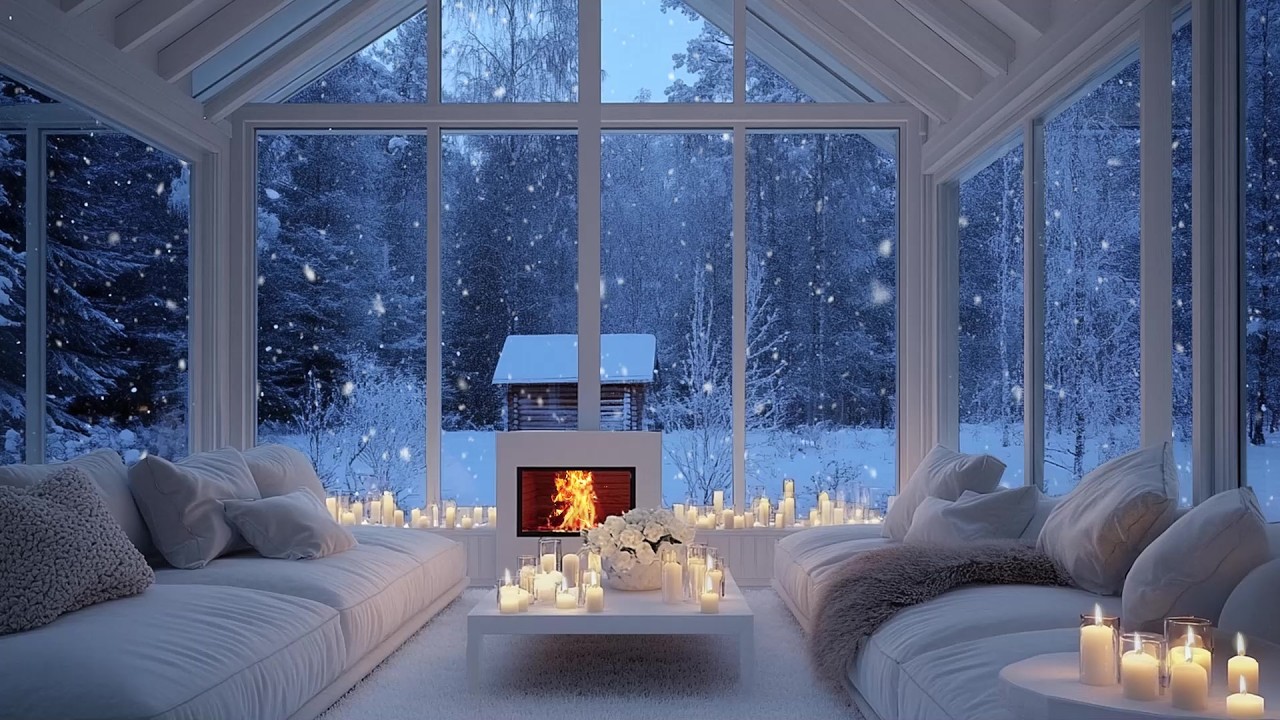 🎹 ❄️Cozy Winter Piano Lounge | Crackling Fire & Snow Drift Window | Relax Focus Study Sleep