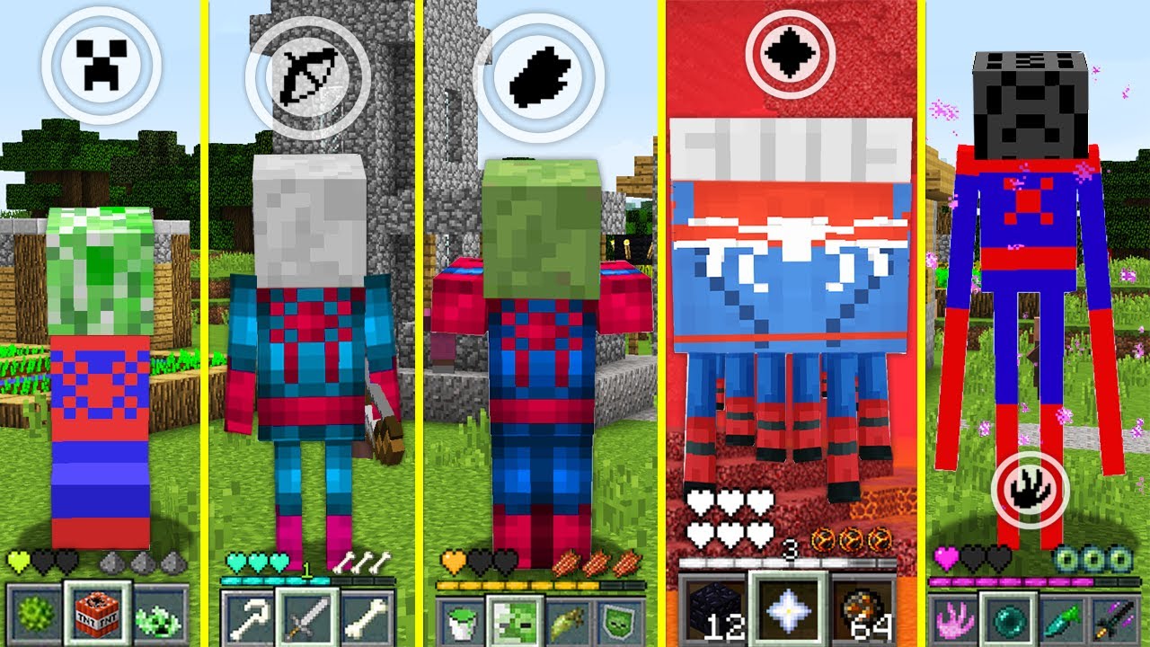 Minecraft HOW to play SPIDER MAN ENDERMAN ZOMBIE VILLAGER CREEPER ...