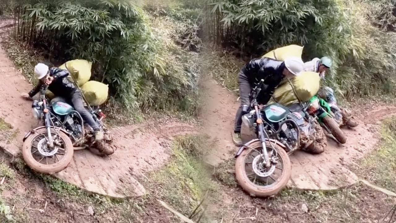 Два мотоцикла столкнулись на неровной и скользкой горной дороге 