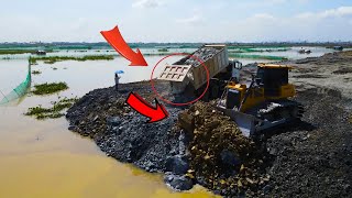 Incredible Nice Ation In Big Pond Filling With Bulldozer Wheel Loader And Dumping Stone  Truck