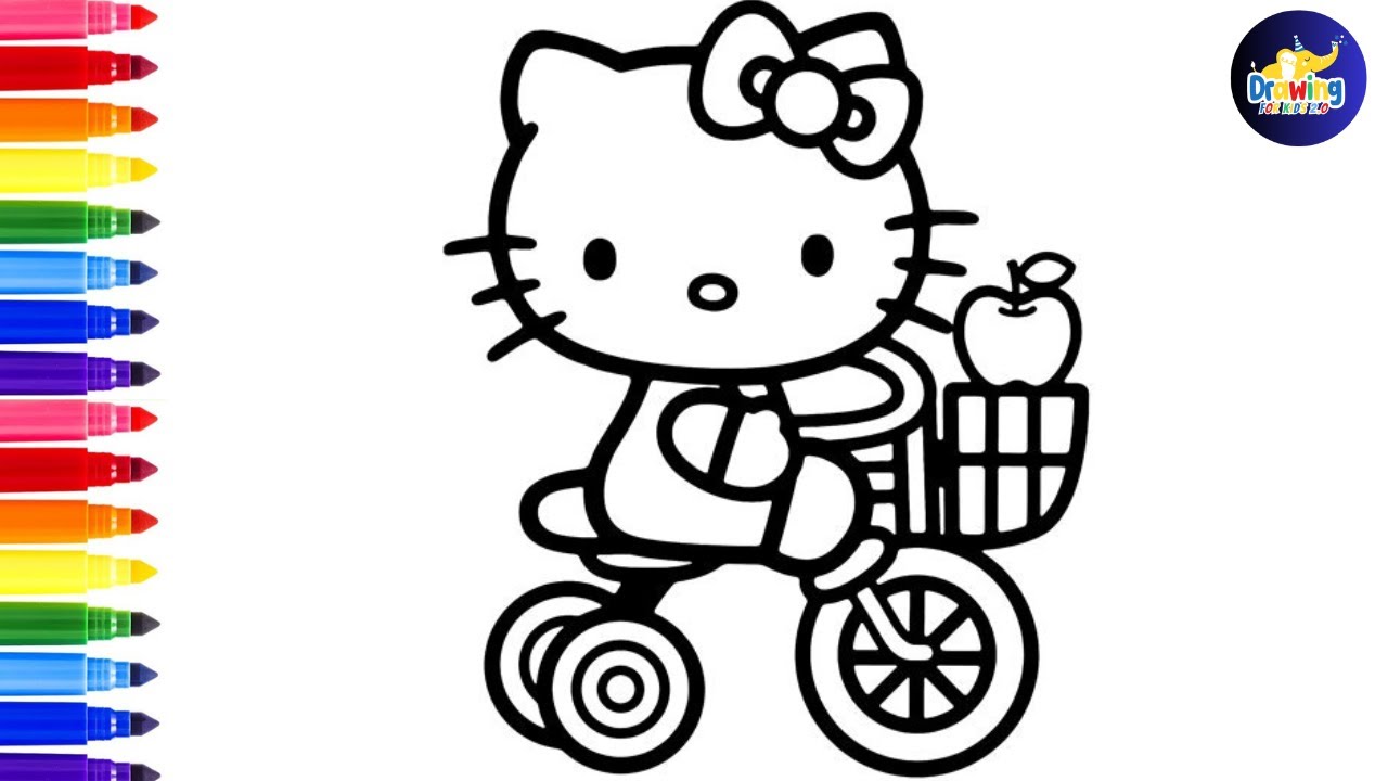 Рисуем и раскрашиваем Hello Kitty на велосипеде, рисунок Hello Kitty для детей @dibujos-felices
