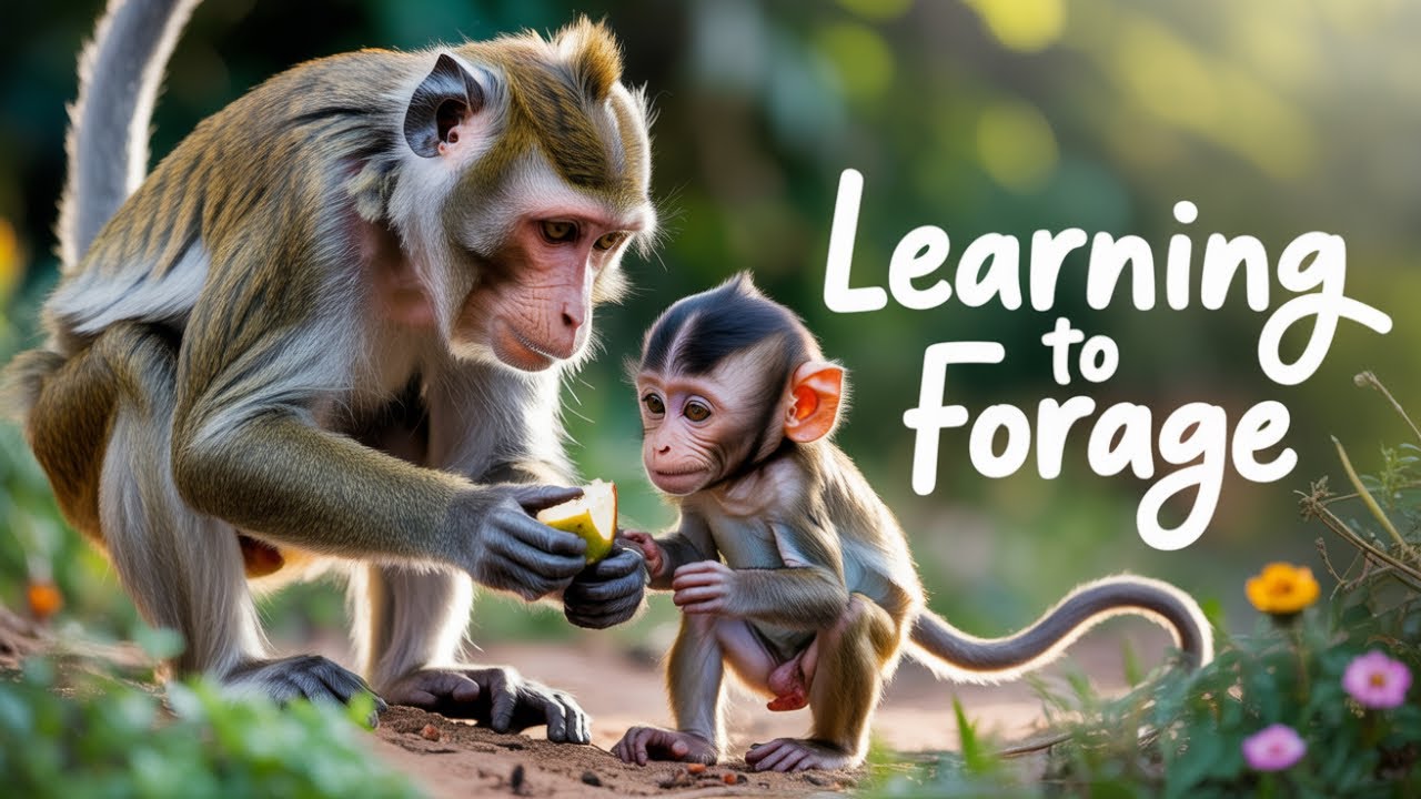 Mother monkey teaching her baby survival skills in the forest 