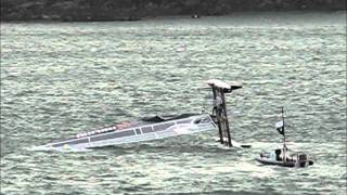 Artemis Racing capsize at Americas cup final in Plymouth - crew fall through sail