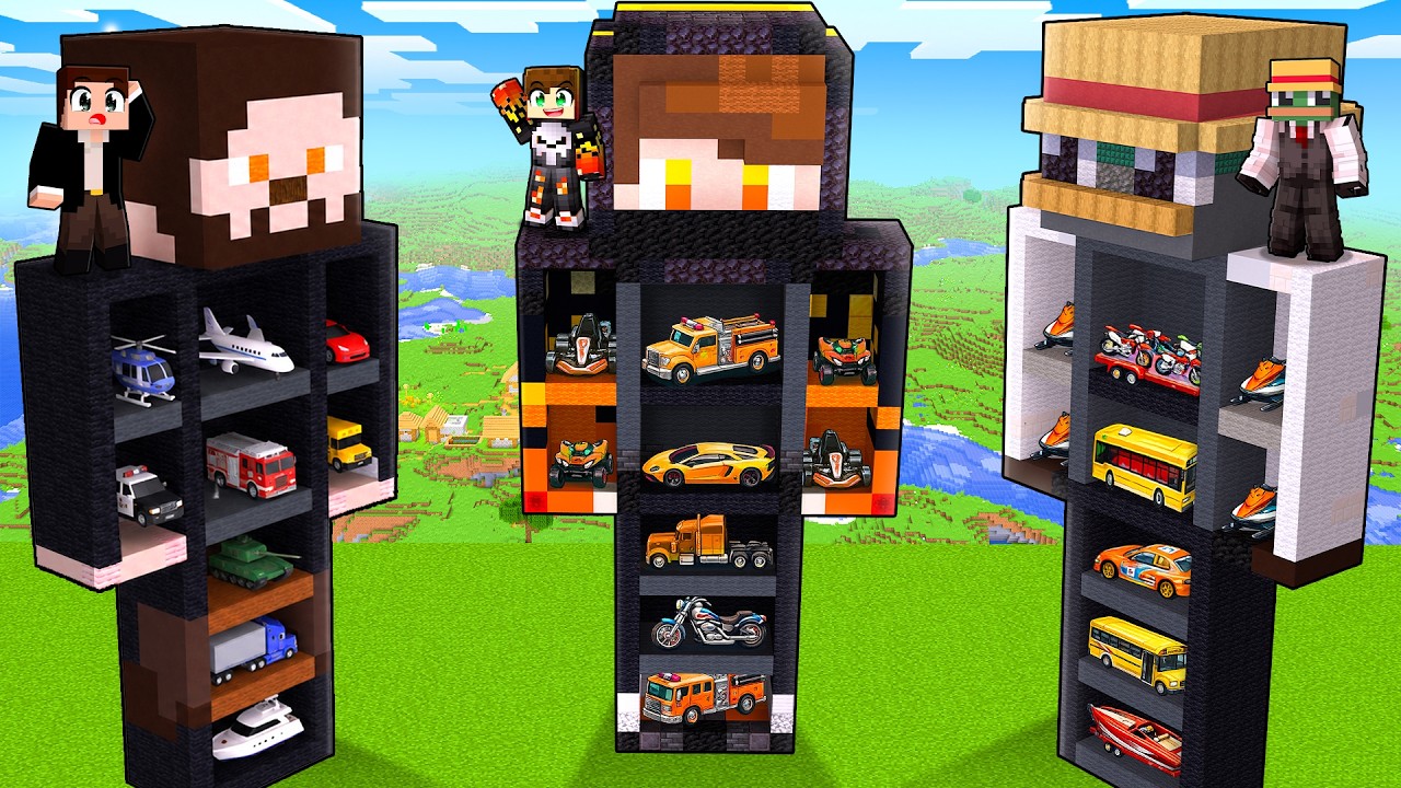 WE BUILT THE BIGGEST CAR GARAGE INSIDE A STATUE IN MINECRAFT!!