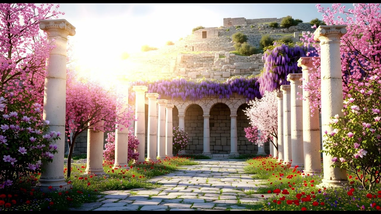 A peaceful moment unfolds as piano and strings drift through a flower-filled temple.