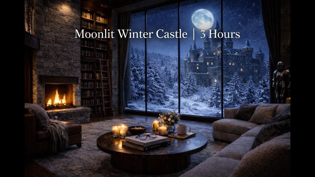 Moonlit Winter Castle ❄️ Cozy Fireplace & Gentle Piano | Relax, Sleep, Study | 3 Hours
