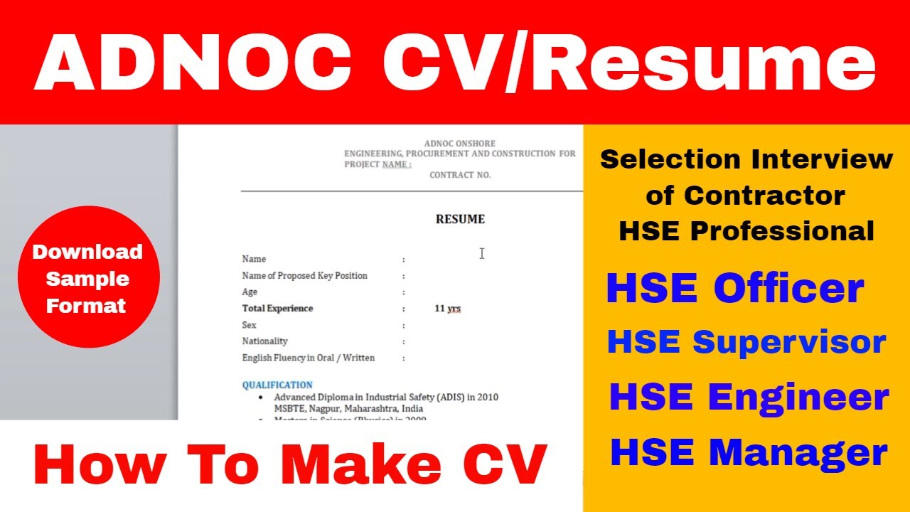ADNOC CV Format How To Write CV/Resume Professional CV For Safety